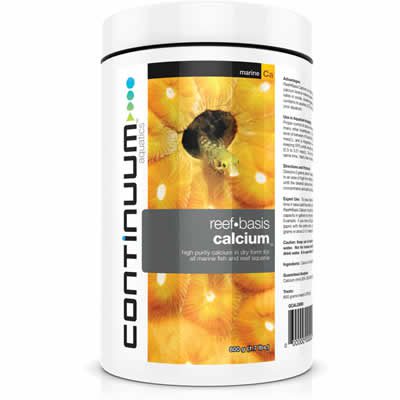 The Continuum advantage. Reef•Basis Calcium is a high purity calcium in dry form, designed to safely raise the calcium level in marine aquariums, providing essential calcium for increased growth rates in corals, coraline algae, crustaceans and many other marine organisms. It contains no acetate, EDTA, gluconates, polygluconates or other unnecessary organics to pollute your aquarium. It is phosphate and silicate free. May be used simultaneously with Kalkwasser. Use in aquarium keeping. Proper control of calcium level is imperative for the health and growth of corals and many other invertebrates. If the calcium concentration is too low, growth rates will suffer. If it is too high, alkalinity or buffering capacity will be diminished, leading to possible instability of pH. Sufficient magnesium levels are also necessary to maintain the proper balance. It is therefore recommended that the hobbyist measure and control the levels of calcium, magnesium and alkalinity on a regular basis. Strontium is also required for formation of aragonite. Continuum recommends that you maintain a calcium level of between 410 and 450 mg/L (ppm), an alkalinity level of 7 to 11 dKH (2.5 to 4 meq/L), and a magnesium level of 1250 to 1350 mg/L (ppm). Note: Aquarists keeping SPS corals should consider keeping alkalinity at 7 to no more than 9 dKH (2.5 to 3.21 meq/L). Do not add calcium and buffering (alkalinity) products at the same time. Doing so will cause unnecessary precipitation and possible cloudiness. Directions and protocol. Dissolve 2 grams, about 1 teaspoon of product in 8 oz. ( 236 ml ) purified water. Add in an area of high flow directly to tank for each 20 gallons ( 76 L ) capacity, per day until the desired calcium level is reached. For best results, measure the calcium concentration and add as necessary to maintain between 410 and 450 mg/L (ppm). CAUTION: PRODUCT GETS VERY HOT WHEN MIXED WITH WATER, USE RUBBER GLOVES, AND ALWAYS MIX OUTSIDE THE TANK. ABSORBS MOISTURE, KEEP TIGHTLY CLOSED! Expert use. To dose, determine the amount of calcium consumption during the time it takes add the entire volume of your drip system. Determine the amount of Reef•Basis Calcium to add to your drip system in grams by multiplying your tank capacity in gallons by the amount you want to raise it in mg/l (ppm) and by 0.011. (Example: if you have a 20 gallon tank and you want to raise the level by 25 mg/l (ppm) with the entire dose, you would multiply 20 x .011 x 25 which equals 5.5 grams or about 2-1/2 teaspoons of Reef•Basis Calcium.) Caution: Keep out of reach of children. Product gets hot when mixed with water. Not for human consumption. Contains calcium chloride, if ingested drink water. If in eyes flush with water.